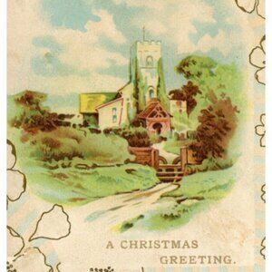 1880-90's Christmas Church Stream Bridge Die Cut Victorian Trade Card Lovely!